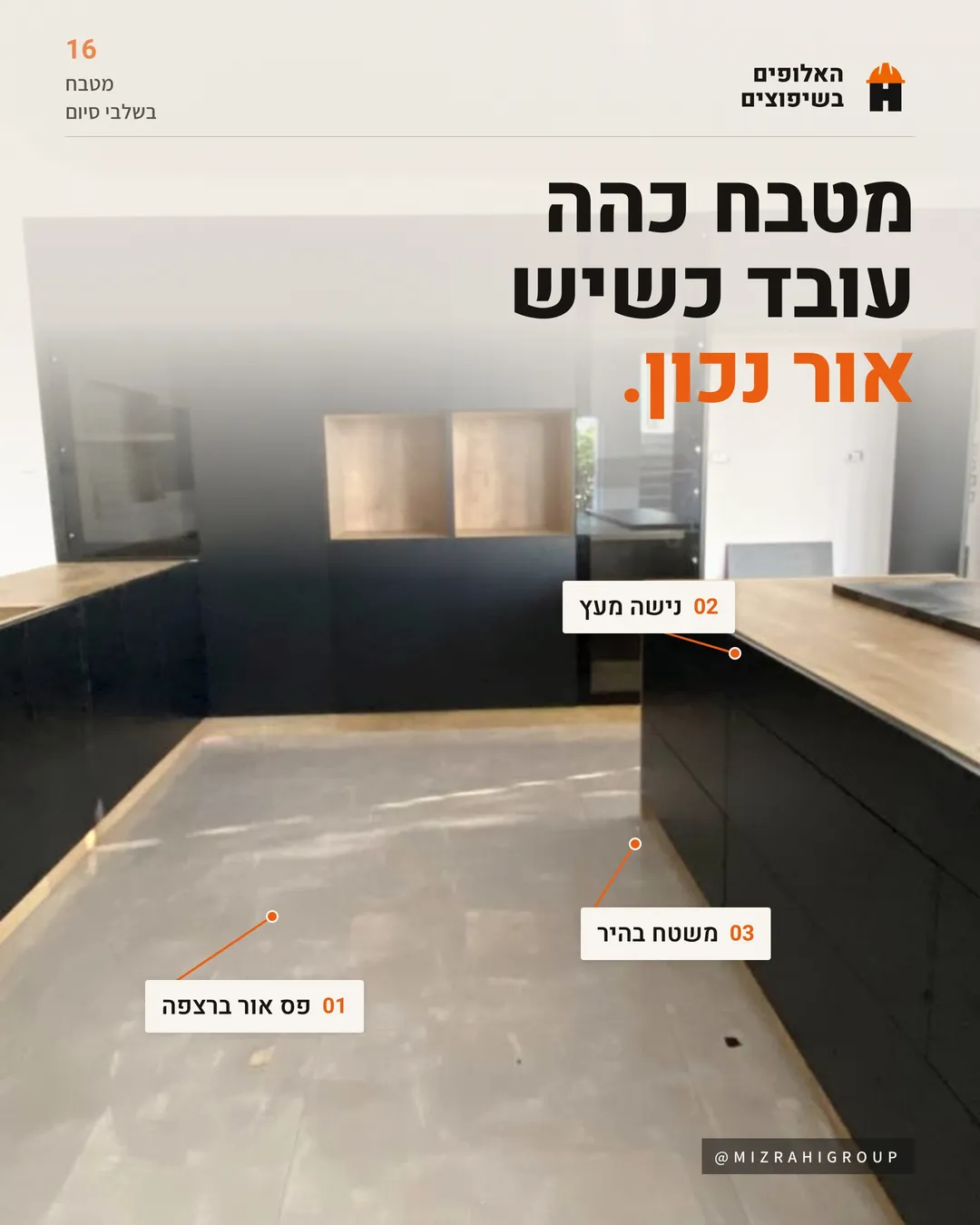 מטבח כהה עם פס אור ברצפה, נישת עץ ומשטח בהיר